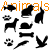 Pixelated orange 'Animals' text spans top; nine black animal silhouettes and objects on white background include fish, paws, dog, hat, rabbit, bone, feather, bird wings.