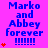 A static image with a bright pink background displays blue text reading "Marko and Abbey forever" followed by six exclamation marks, accompanied by red heart symbols on the left side.
