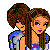 Pixel art contact sheet showing a couple in various poses with hearts and sparkles, arranged as six frames on a white background.