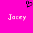 A static pixel art image with a bright pink background, featuring a black pixelated heart symbol above two instances of the name "Jacey" in white pixelated text.