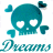 Teal skull with heart-shaped eyes and heart-shaped side elements, paired with 'Dreams' and 'Die' text in varying styles across four