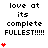 Pixelated text reads 'love at its complete FULLEST!!!!!' with red heart symbols increasing in quantity across frames on a white background.