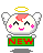 Pixel art angel character holding a sign with 'NEW' text in alternating red and green colors across frames, displayed as an 8-frame contact sheet on gray background.