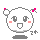 Pixelated white circular character with pink cheeks and red bow-like accents, displaying four distinct facial expressions across a