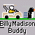 Pixel art of a golf cart with driver and penguin, text below reads 'Billy Madison Buddy' on gray background.