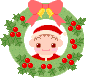 Four pixel-art Santa-wreath icons with a child in red clothing, each showing different facial expressions and hand positions within the wreath frame.