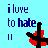 Pixelated text reads 'iluve to hate in' on light blue background with red and black abstract shape.