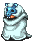Pixelated character wrapped in white fabric with blue mask and orange mouth, shown in four sequential poses on gray background.