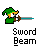 Animated contact sheet showing a pixel art character performing a sword beam attack across seven frames with green energy effects and text labels below each frame.