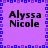 Static pixel art image with purple background and blue square border, displaying four identical text blocks reading "Alyssa Nicole" in black font.