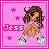 Pixel art contact sheet of six animated frames showing a cartoon girl with brown hair, pink collar, and white shoes against a pink background with stars.