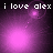 Pixelated text 'i love alex' appears above a shifting purple and pink gradient background with moving light effects.