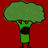 Pixelated green broccoli-shaped figure with black torso and red feet against solid red background.