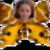 A static image of a person with brown hair and glasses surrounded by yellow flower-like shapes on a black background.