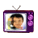 Purple television set with silver antennae and purple side buttons, displaying a pixelated face on the screen in one frame.