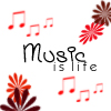 Red musical notes and flower-like shapes surround the text 'music is life' on a white background.