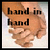 Two side-by-side pixelated images of a light brown-haired figure with black text reading 'hand in hand' above, the right image includes a red heart outline.