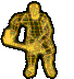 12 yellow and black pixelated figures in various poses against a gray background, each with distinct arm and leg positions
