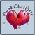 Static pixelated icon featuring a large red heart with pink highlights, surrounded by scattered gray text fragments on a light blue background.