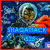 Pixelated image of a person in a space suit holding an orange object against a blue background with white cloud-like shapes.