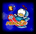 Animated icon shows a white duck in blue overalls riding a red rocket on a blue background with yellow stars.