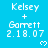 Blue background displays repeated text 'Kelsey + Garrett 2.18.07' with white pixelated hearts, some hearts animated as outlined or filled.