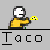 Pixelated character in yellow shirt pours red liquid from yellow container, with text "Taco" below and speech bubbles containing colored letters.