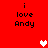 Red background with black text 'i love Andy' repeated four times and two pixelated hearts, one white center and one pink right side.