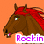 Pixelated horse head with red mane against orange background, displaying changing text overlays.