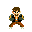 Pixel art character in brown pants and green jacket with orange shirt, transitioning from neutral stance to fiery explosion effects.
