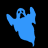Blue ghost icon with raised arms and open mouth, displayed in three color variations against black background.