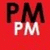Red background with two overlapping 'PM' text elements; top black, bottom white. Gray rectangle appears in lower-right corner.