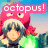 Pixelated anime-style character wearing red octopus hat with white eyes, green shirt, and gray hair; background sky with clouds.