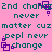 Pixelated text on pink background with purple square icons; repeated phrases '2nd chance', 'never matter cuz', 'pepl nevr change' in teal font.