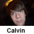 Pixelated close-up of a person with brown hair and light skin, wearing dark clothing against a dark background, with text below reading 'Calvin'.