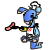 Pixelated character with blue head and body, black limbs, yellow chest patch, red accents on hands and feet, standing in dynamic pose against white background.