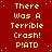 Red background with yellow pixelated text repeating 'There Was A Terrible Crash! P!ATD' in a pattern, scattered yellow dots, and a solid gray rectangle in the bottom-right corner