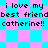 Pixelated text repeats 'i love my best friend catherine!!' on a cyan and pink checkered background with visible pixelation and color banding.