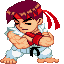 Pixel art character with maroon hair tied by red headband, wearing white karate uniform and black belt in fighting stance.