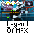 Animated pixel art of a character with yellow and white symbols above, green arrows changing position across frames, and 'Legend Of MAX' text below on a blue background
