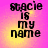 Pixelated text 'stacie is my name' on a pink and yellow gradient background with visible pixelation artifacts.