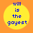 Four identical yellow circular icons with blue text reading "will is the gayest" on an orange background, arranged in a
