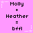 Pixelated text on a pink background shows 'Molly + Heather = bffl' repeated three times with white star and dot decorations.