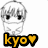 Pixelated anime-style character with short light hair and black eyes, wearing a white mask-like face covering, positioned above orange text reading 'kyo' followed by an orange heart symbol.