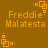 Pixelated orange text and geometric shapes on a brown background, with repeated 'Freddie Malatesta' labels and square-dot patterns in four corners.