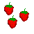 Pixel art animation of red strawberries with green leaves, displaying increasing density and text variations on a white background.