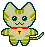 Pixel art cat with green stripes, red collar, and yellow bell in multiple poses including standing, waving, and side view.