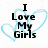 Black text reading "I Love My Girls" and "Megan Katelynn Emilyy & Andrea" arranged around light blue heart outlines on a white background with faint pixelated dots.
