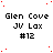 identical pixelated text blocks with red dots scattered across a white background, each block containing 'Glen Cove', 'JV Lax', and '#12' in black font