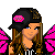 Pixel art contact sheet of a cartoon fairy character with pink and black fashion elements, featuring multiple frames showing different poses and text labels.